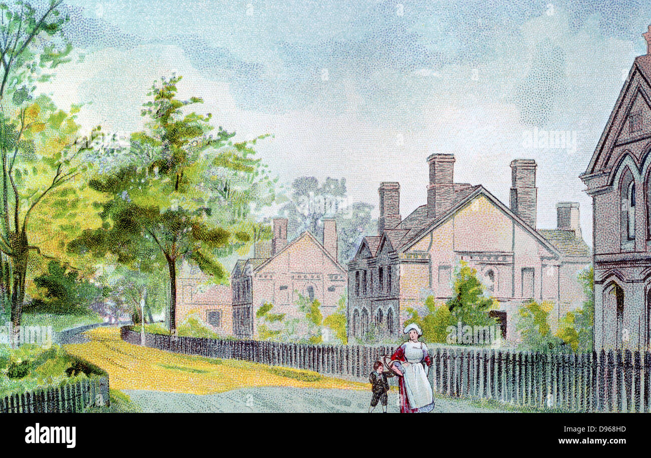 Chalets des travailleurs à Bournville, Birmingham, Angleterre, village modèle construit par George Cadbury (1828-1922), en partie pour ses travailleurs. Chromolithographie 1892 Banque D'Images