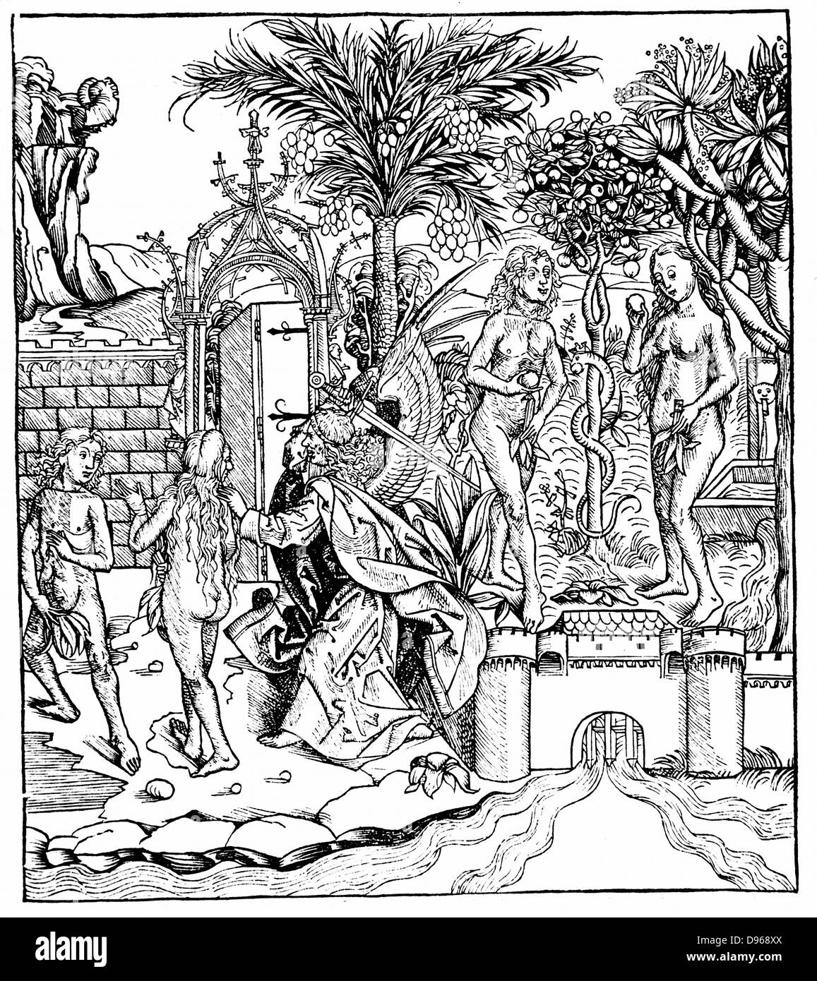 Adam et Eve, tentés par le Serpent, manger de l'arbre de la connaissance et sont expulsés du jardin d'Eden par l'Ange de l'Éternel. Gravure sur bois de Hartmann Schedel 'Liber Chronicarum mundi' (Chronique de Nuremberg Nuremberg, 1493). Banque D'Images