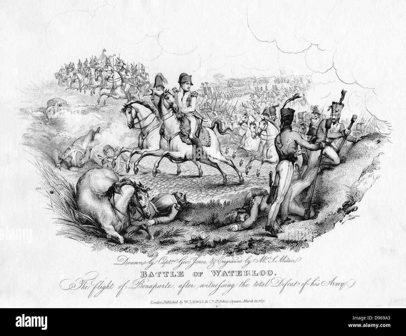 Napoléon (1769-1821) soldat français et l'empereur, fuyant le champ de bataille de Waterloo après sa défaite. À partir de l'élaboration par le capitaine George Jones. À partir de la CH Gifford 'histoire des guerres occasionnés par la Révolution Française" 1817. Gravure Banque D'Images