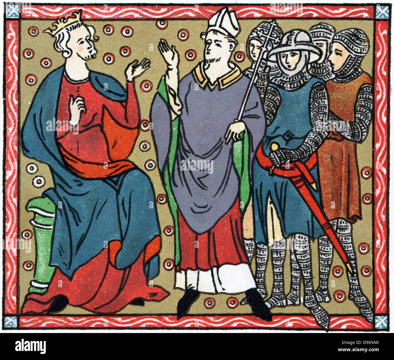 Henri II (1133-1189) Roi d'Angleterre à partir de 1154 : Henry conteste avec un Thomas Becket (1118-1170) archevêque de Canterbury. Les chiffres sont envoyés par quatre chevaliers qui ont assassiné Becket. Chromolithographie après manuscrit médiéval. Banque D'Images