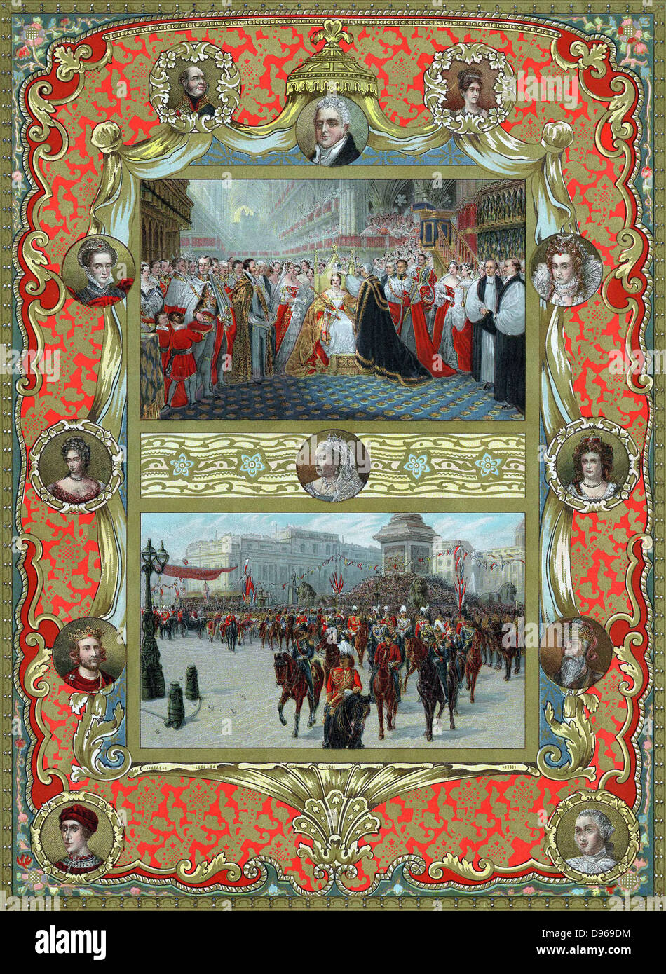 Victoria (1819-1901) reine d'Angleterre à partir de 1837 et l'Impératrice de l'Inde à partir de 1876. Couronnement dans l'abbaye de Westminster, le 28 juin 1837. L'archevêque de Canterbury, plaçant couronne sur Queen's head (en haut) ; procession jubilaire 22 juin 1887 (en bas) ; portraits environnants : top ; Duc de Kent (père), William IV, duchesse de Kent (mère), gauche, Marie, Reine des Écossais, Mary II, Henri III, Édouard III, George III. Oleograph publié au moment de son jubilé en 1887 Banque D'Images