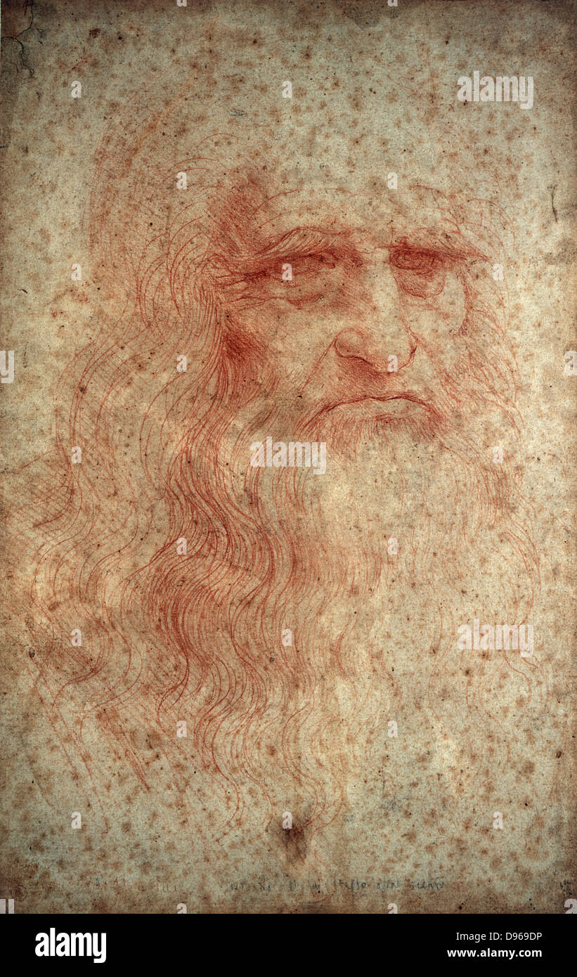 Leonardo da Vinci (1452-1519) peintre italien, sculpteur, ingénieur, architecte. Self Portrait. Craie rouge sur papier. Biblioteka Real, Turin, Italie. Banque D'Images