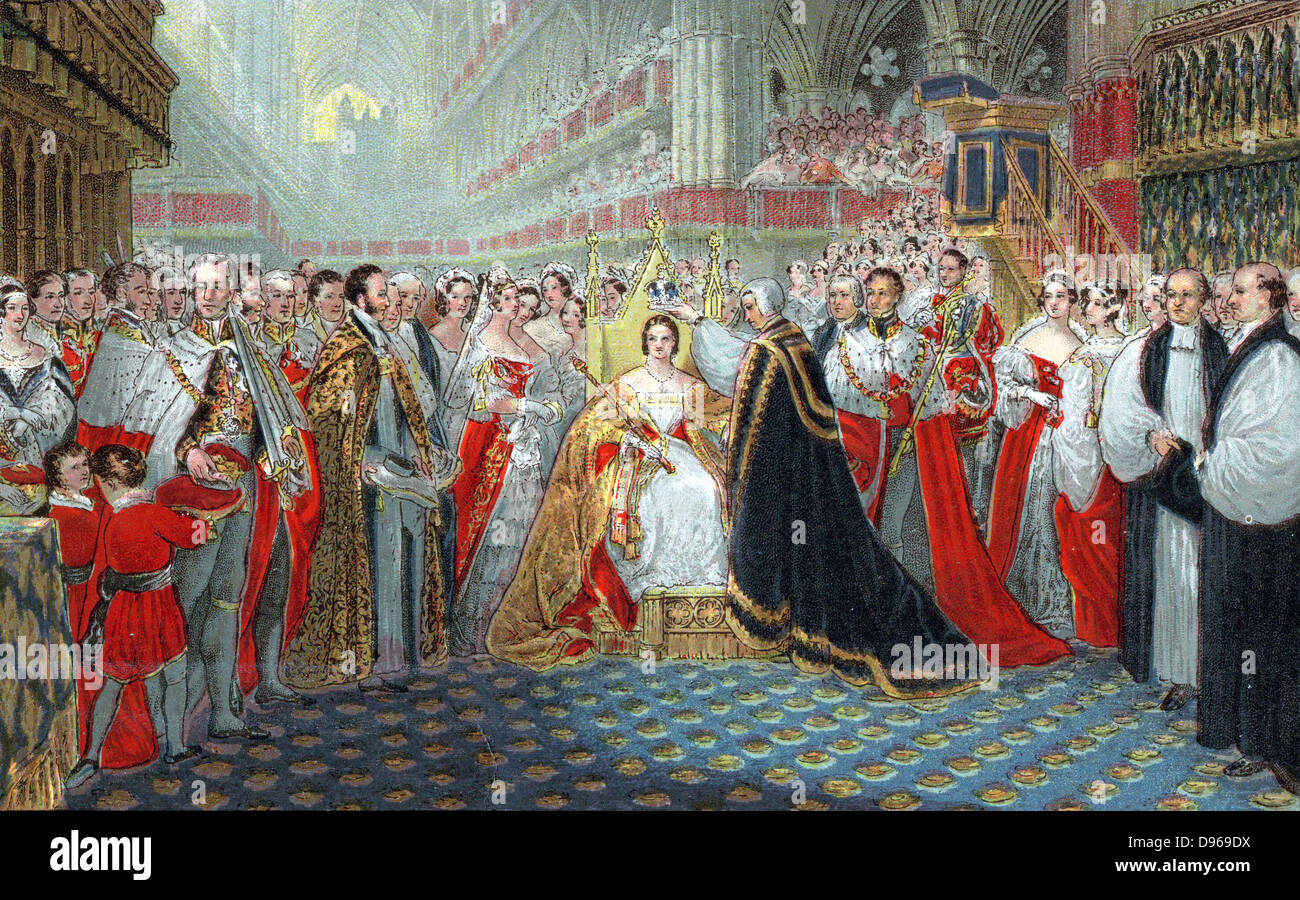 Victoria (1819-1901) reine d'Angleterre à partir de 1837 et l'Impératrice de l'Inde à partir de 1876. Couronnement dans l'abbaye de Westminster, le 28 juin 1837. L'archevêque de Canterbury, plaçant couronne sur Queen's head. Oleograph Banque D'Images