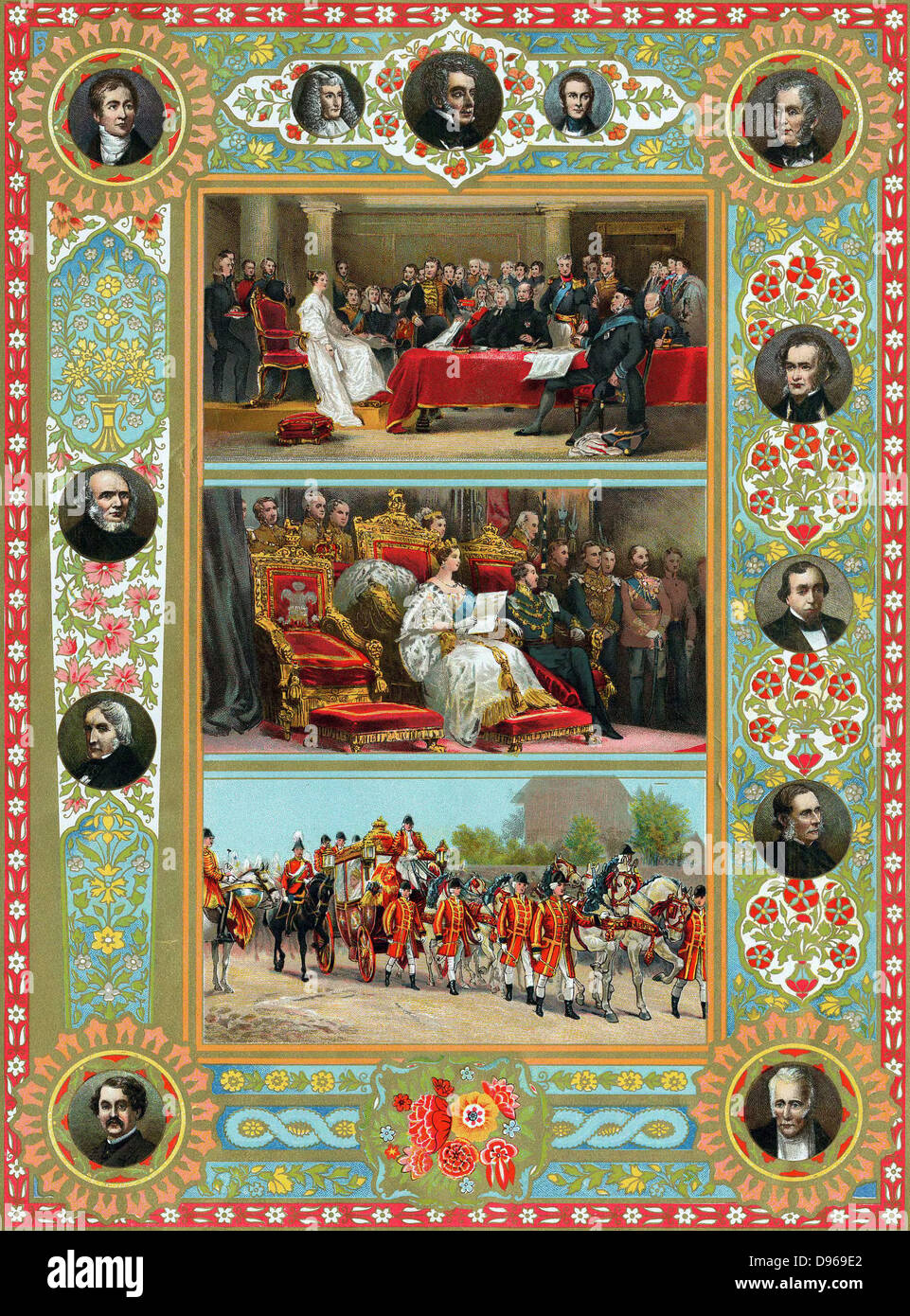 Victoria (1819-1901) reine d'Angleterre et d'Irlande de 1837 et l'Impératrice de l'Inde à partir de 1875. Victoria à sa première rencontre avec son Conseil privé (en haut) ; l'ouverture de son premier parlement (centre) ; le moyen de dernière législature, elle a ouvert en personne. Oleograph 1887. Banque D'Images