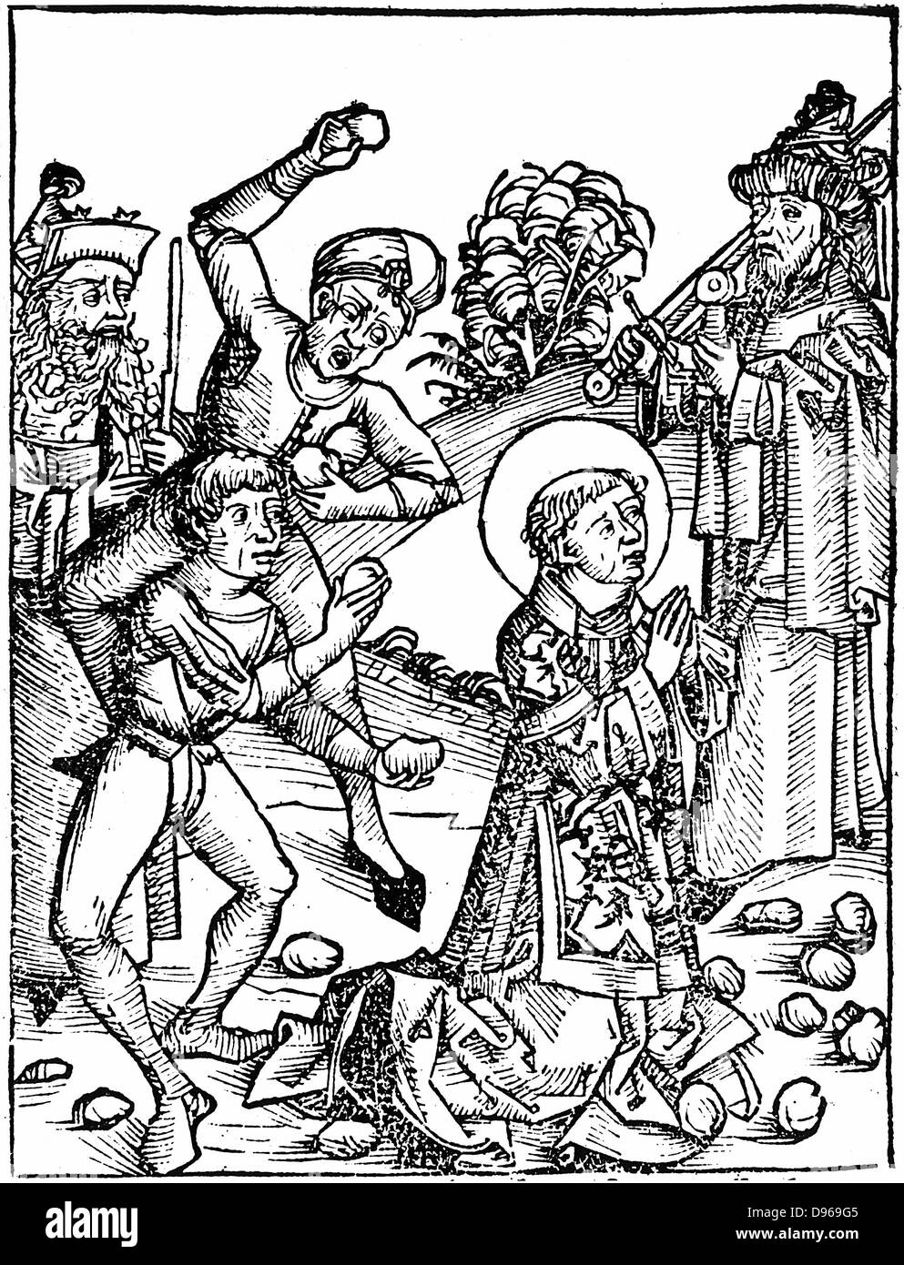 Saint Etienne, premier martyr chrétien : reconnu coupable de blasphème par le sanhédrin, le Conseil suprême des Juifs, et lapidé à mort : "Bible" Actes 7:57. Gravure sur bois de Hartmann Schedel 'Liber Chronicarum mundi' (Chronique de Nuremberg Nuremberg, 1493). Banque D'Images