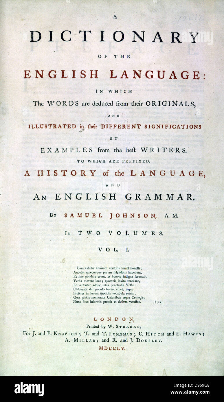 Samuel Jackson Johnson (1709-1784), lexicographe anglais écrivain et critique. Page de titre de Johnson's 'Dictionary de la langue humaine' London 1755 Banque D'Images