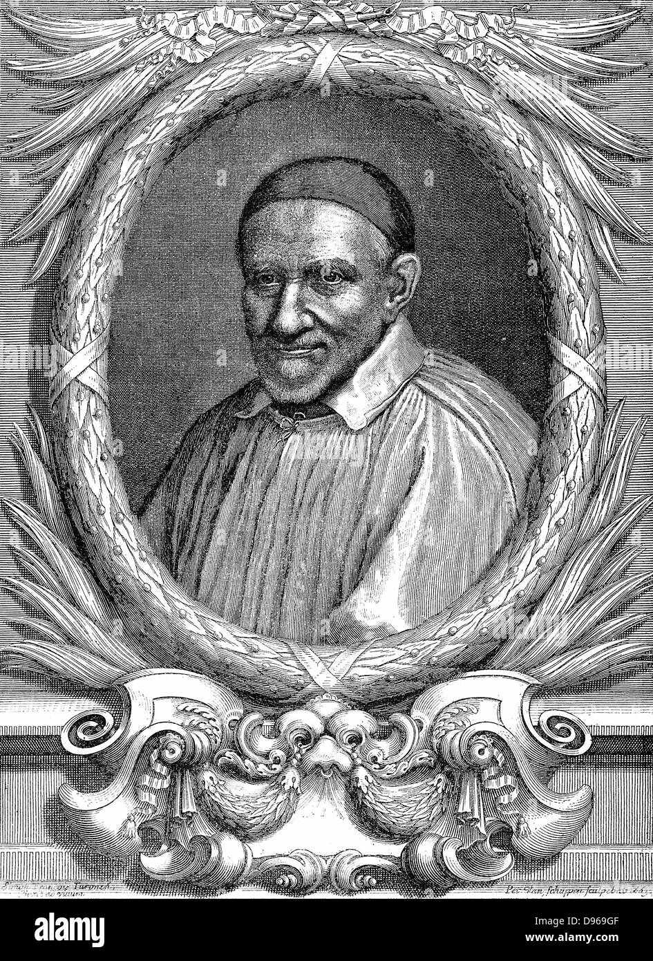 St Vincent de Paul (c1581-1660), prêtre français et philanthrope : Franciscain. Saint Patron de charité. Gravure 1663. Banque D'Images