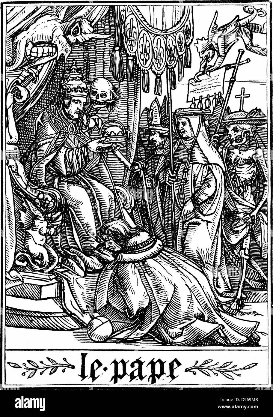 Le Pape a visité par la mort. De Hans Holbein le Jeune 'Les Simulachres de la Mort" (La danse de mort, Totentanz). Série d'illustrations à la suite de la tradition de la morale médiévale joue . Gravure sur bois, 1538 Banque D'Images