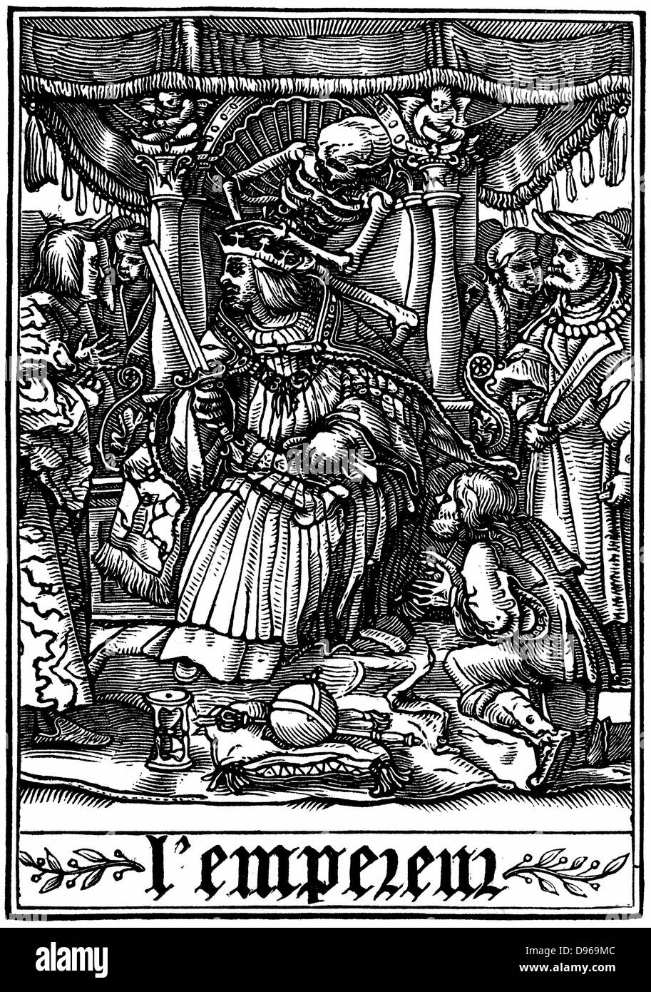 L'Empereur s'est rendu par la mort. De Hans Holbein le Jeune 'Les Simulachres de la Mort" (La danse de mort, Totentanz). Série d'illustrations à la suite de la tradition de la morale médiévale joue . Gravure sur bois, 1538 Banque D'Images