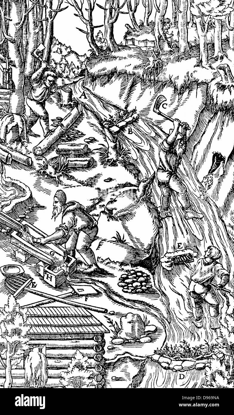 Pour laver l'étain. Après avoir creusé un montant substantiel, les mineurs pourraient modifier des cours d'eau, de laver matériau léger, laissant l'étain minerai aurifère. "De re metallica", Bâle, 1556. Gravure sur bois. Banque D'Images