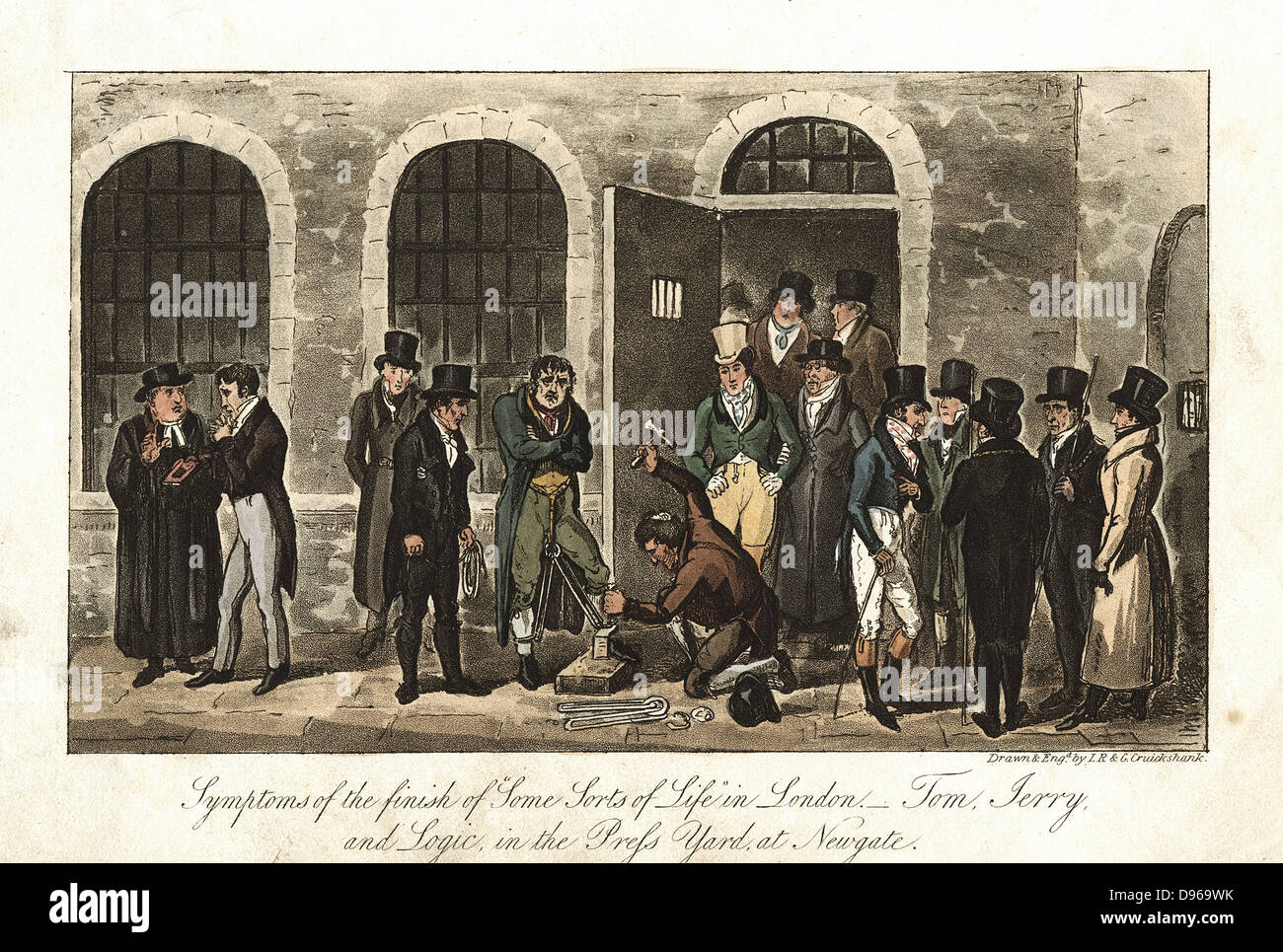 Tom, Jerry et logique dans la presse, la Cour de la prison de Newgate, Londres, regarder des chaînes étant enlevé, tout en clergyman, gauche, attend pour accompagner la culpabilité d'échafaudage. Illustration par IR&G Cruickshank pour Pierce Egan 'Vie' à Londres, 1821. L'aquatinte. Banque D'Images