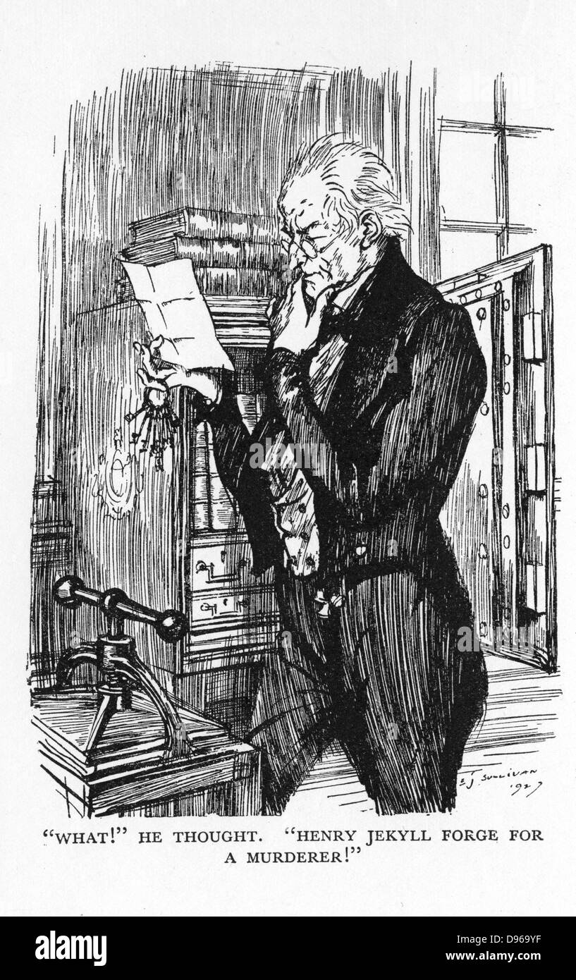 Robert Louis Stevenson "L'étrange cas du Dr Jekyll et Mr Hyde' d'abord publié 1886. M. Utterson, lecture de la lettre de Jekyll Hyde, se rendant compte que l'écriture des deux est le même. Illustration par Edmund J. Sullivan à partir d'une édition publiée en 1928. Banque D'Images