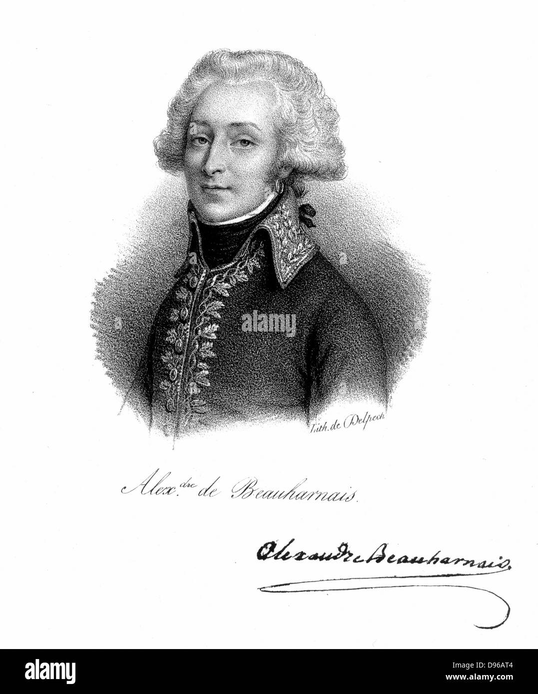 Alexandre, vicomte de Beauharnais (1760-1794) soldat français ; dans la révolution française il a été arrêté comme un 'suspect' ; guillotiné 1793 ; premier mari de l'Impératrice Joséphine, épouse de Napoléon I. Lithographie Banque D'Images