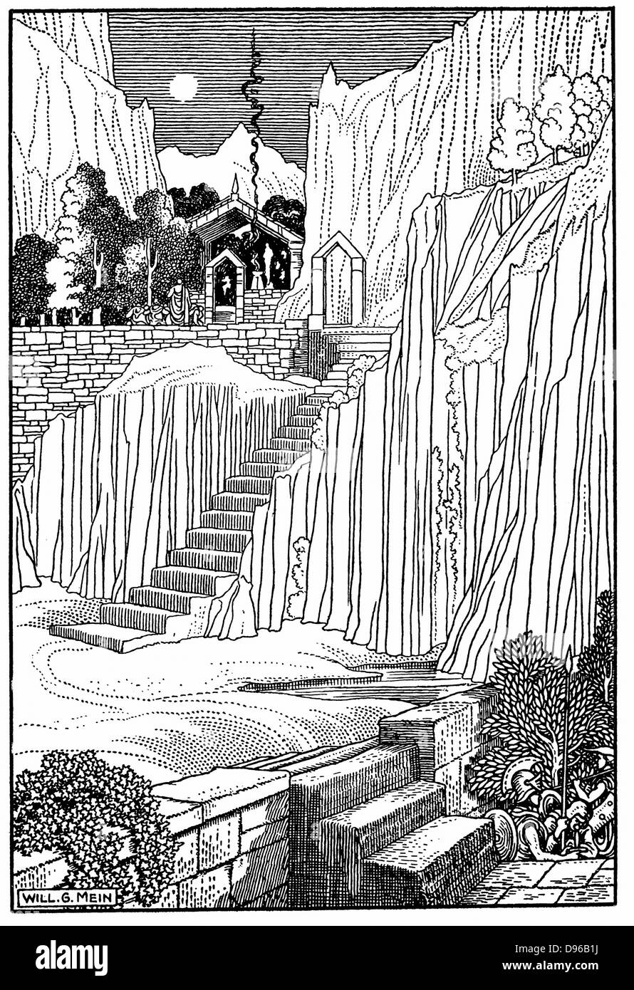 Spartiates à Delphes Oracle demande s'il faut faire la guerre contre les Athéniens. Guerre du Péloponnèse (deuxième ou grand 431-404BC) entre Athènes et Sparte. La gravure sur bois de 1910. Prêtresse du temple d'Apollon à Delphes (maintenant Delphos Kastri), connu sous le nom de Pythie, plus célèbre oracle de la Grèce antique. Poste occupé par une femme célibataire de plus de 50 ans dont les paroles ont été livrés à supplicant dans souvent ambigus vers par des prêtres. Supprimé par Théodose 4ème ANNONCE de siècle. Grecs considérés comme Delphi au pied du Mont Parnasse à nombril du monde. Banque D'Images