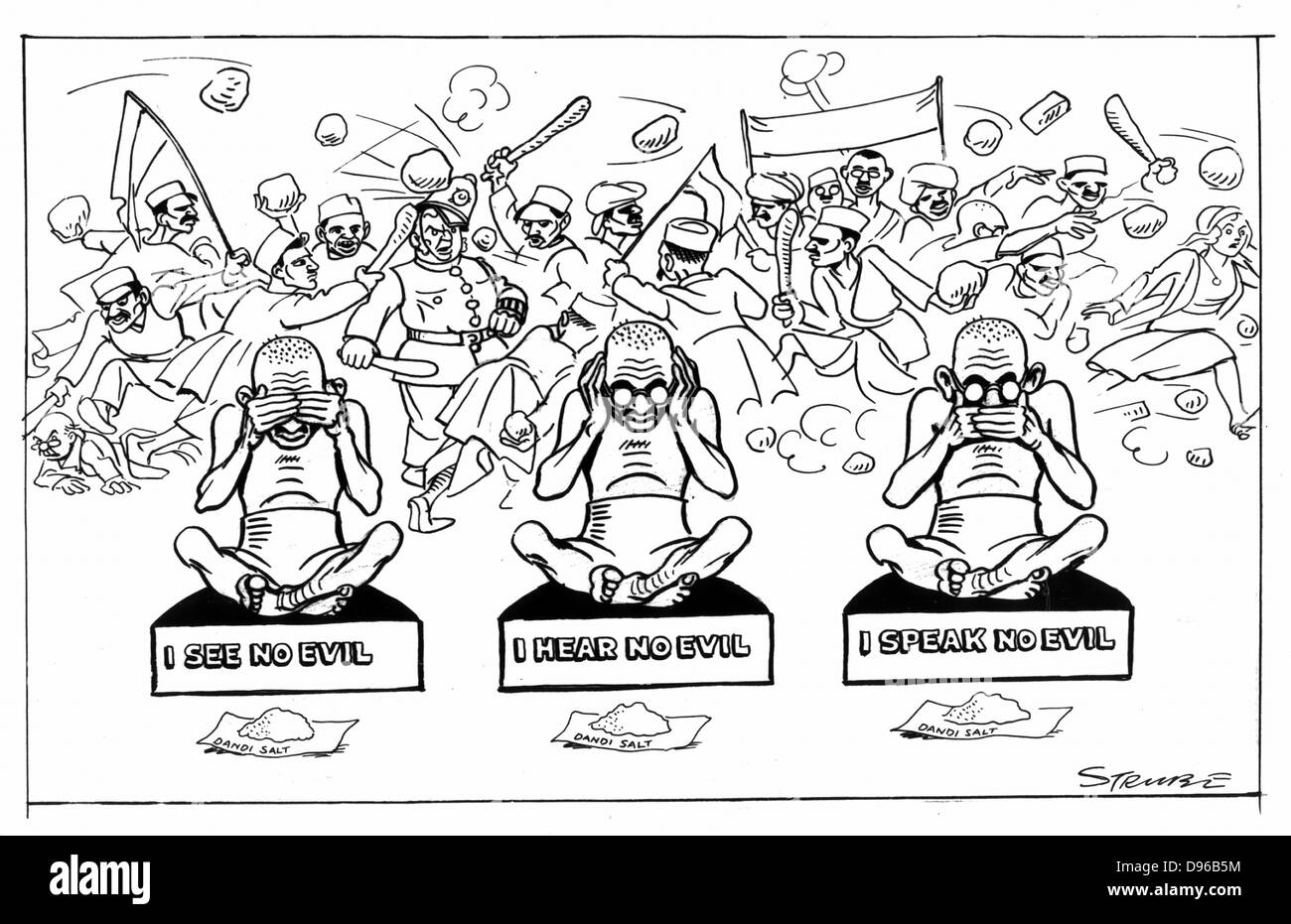 Mohondas Karamchand Gandhi (1869-1948), connu sous le nom de Mahatma (grande âme). Le leader nationaliste indien. Caricature de George Strube de 'Daily Express', Londres, 30 avril 1930, au cours de la marche du sel de Gandhi rapide. Banque D'Images