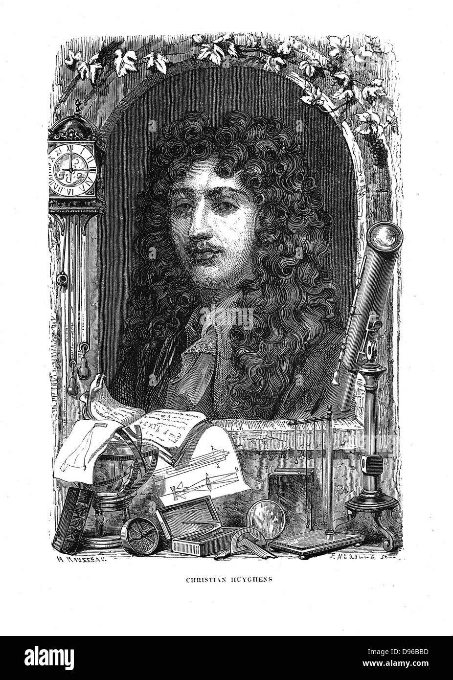 Christiaan Huyghens (1629-1695) physicien hollandais. Horloge à pendule : Théorie ondulatoire de la lumière. Tête et épaules gravure portrait entouré d'horloge à pendule et divers instruments scientifiques et d'optique des diagrammes. Gravure c1870. Banque D'Images