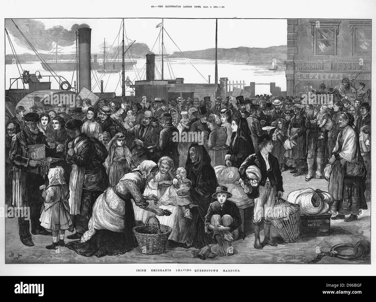 Les émigrants irlandais quittant Queenstown (Cobh), le port de Cork, pour  les États-Unis - 1874. Certains de dernière minute à l'achat de babioles et  bonne chance jetons. Mélange d'émotions affichées à partir