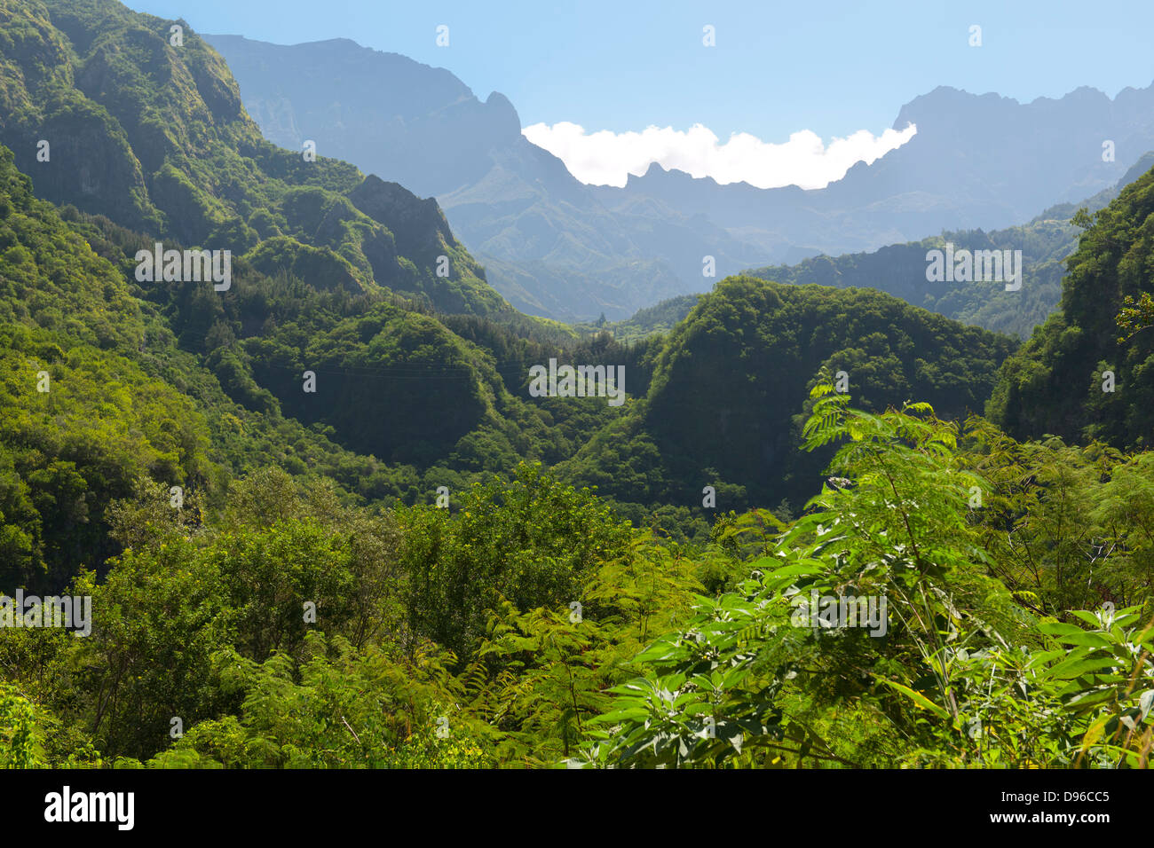 Paysage le long de la route vers le cirque de Cilaos caldera sur l'île française de la réunion dans l'Océan Indien. Banque D'Images