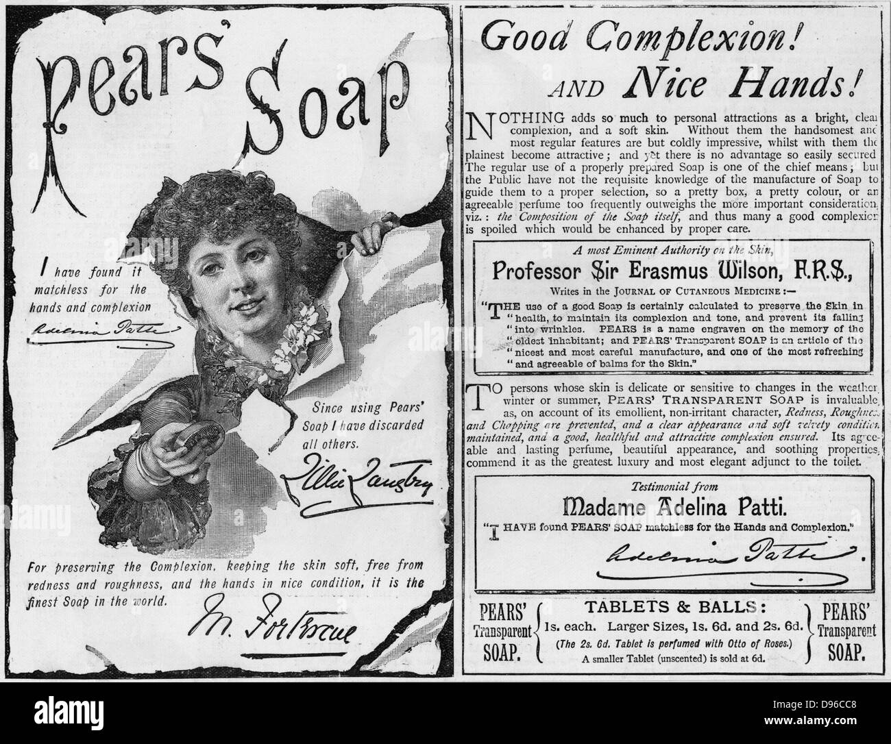 Publicité pour les poires à l'aide de savon des approbations des personnes célèbres y compris la soprano Adelina Patti et l'actrice Lillie Langtry. À partir de 'l'Illustrated London News'. (Londres, 6 novembre 1886). Banque D'Images