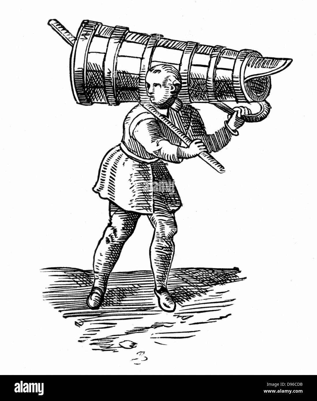 Un apprenti, un navire transportant un aussi grand que lui-même, sur son chemin pour aller chercher de l'eau. Gravure de Braun "Civitates Orbis Terrarum" 1572. Banque D'Images