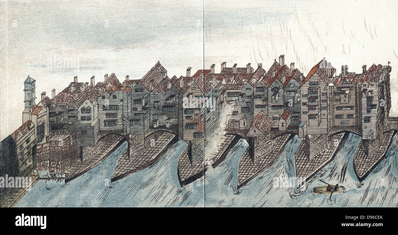 Partie du Vieux Pont de Londres, construit 1176-1209, montrant les roues hydrauliques de la maïs Southwark mills construit sur le côté de la Thames Surrey c1588. Par gap dans les bâtiments sur la gauche est Southwark ou traîtres' gate (1577-9) avec les chefs des traîtres placés sur des poteaux. Chromolithographie après peinture, c1600. Banque D'Images