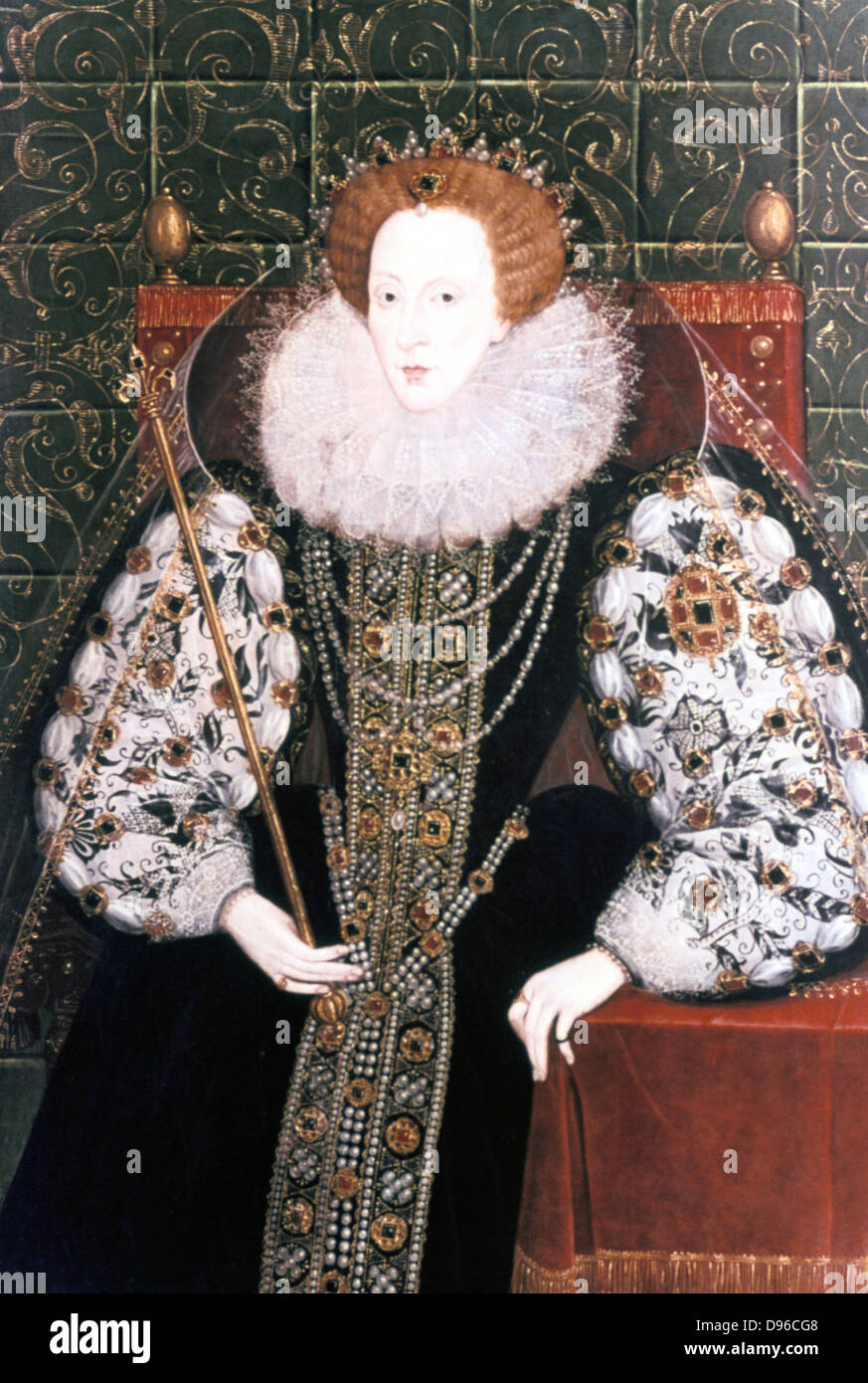 Elizabeth I (Queen) Maalouf d'Angleterre et d'Irlande de 1558, dernier monarque Tudor. Assis sur trône sceptre holding Banque D'Images