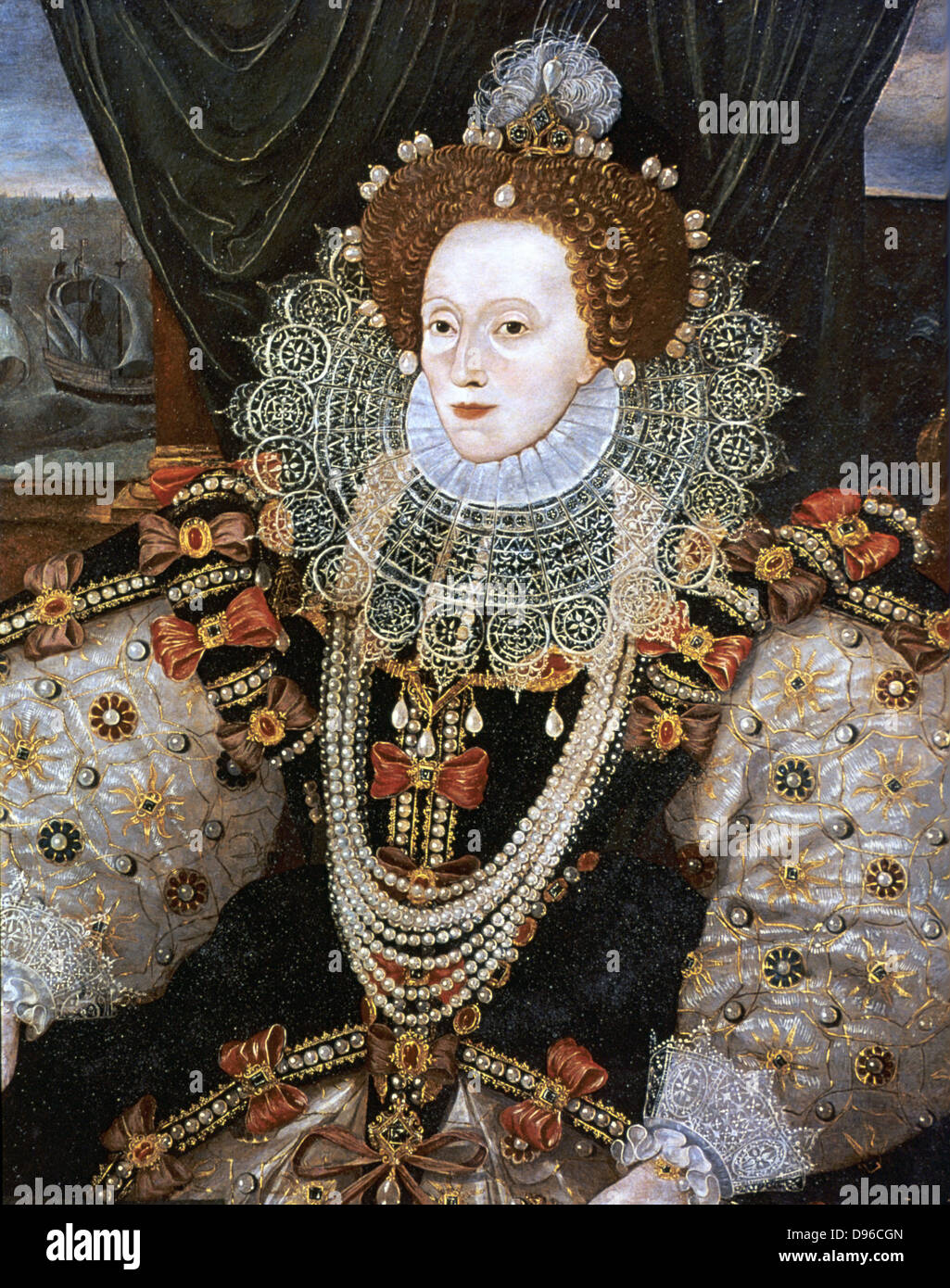 Elizabeth I (Queen) Maalouf d'Angleterre et d'Irlande de 1558, dernier monarque Tudor. Version du portrait Armarda attribuée à George Gower c1588. Banque D'Images