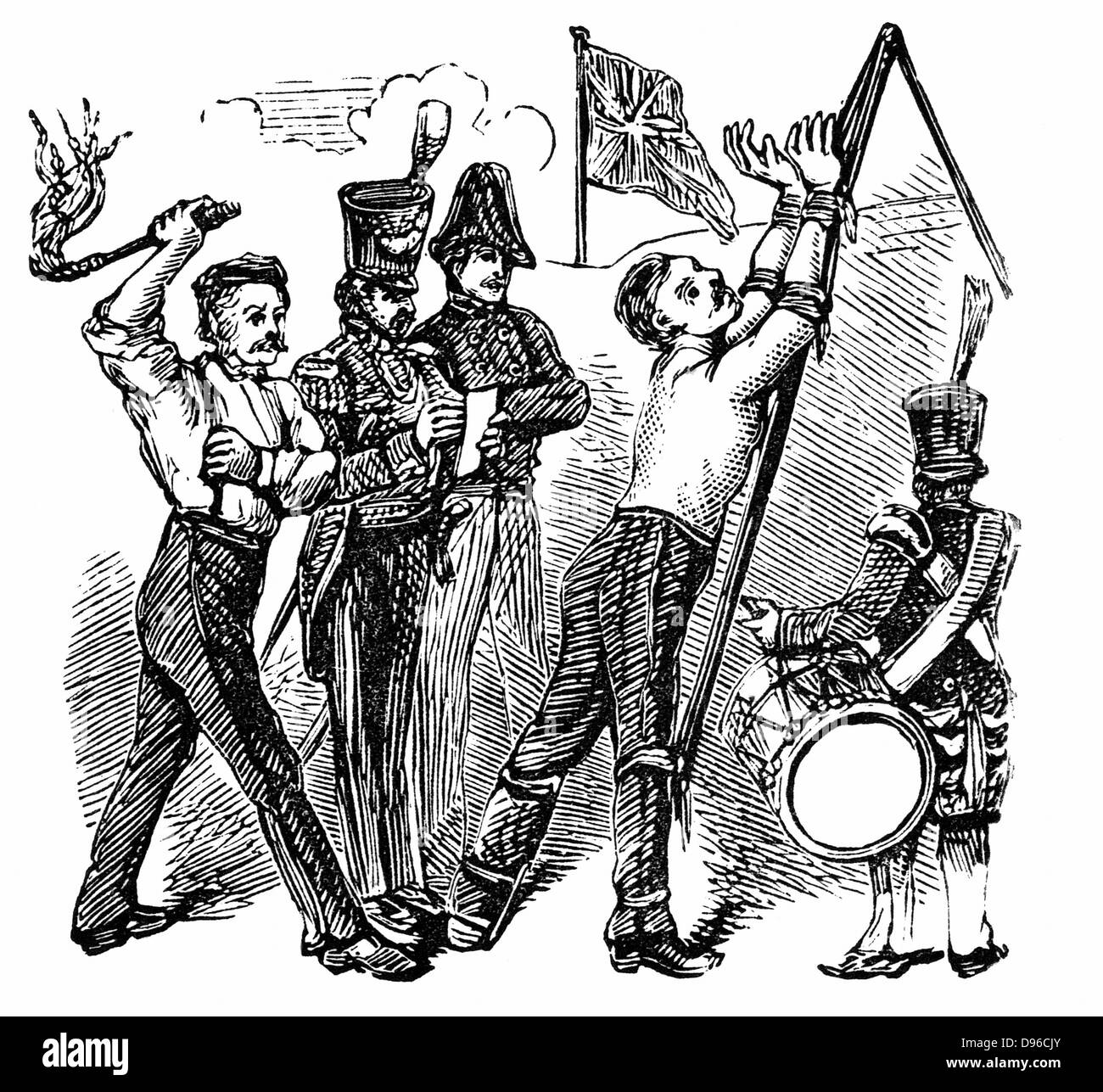La discipline militaire : soldat britannique, lié au Triangle, flagellé avec Cat-O-Nine-Tails. En 1867, le Parlement a aboli la flagellation dans les forces armées. La gravure sur bois du xixe siècle. Banque D'Images