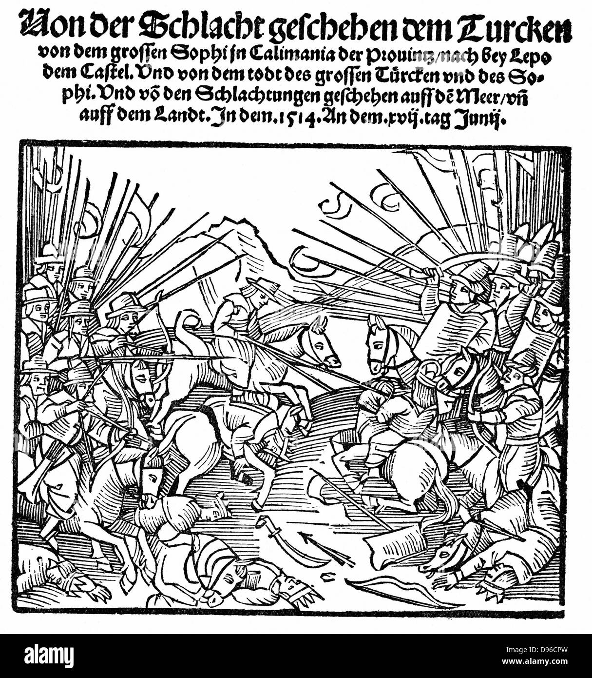 Selim I (1467-1520) Empereur de Turquie de 1512 à attaquer les Perses en Esmai'il I ou Isma'il (1487-1524) fondateur de la dynastie safavide, à Khoi, l'Azerbaïdjan. Gravure sur bois. Banque D'Images