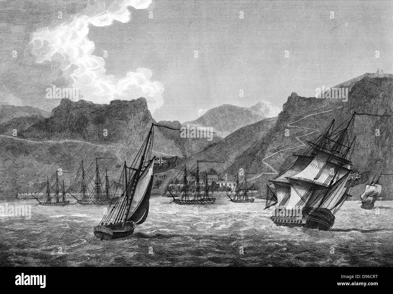 St Helena : expédition britannique au large de Sainte-Hélène, l'île de Napoléon qui a été banni après sa remise à la suite de la défaite à Waterloo en 1814. La gravure. Londres 1817. Banque D'Images