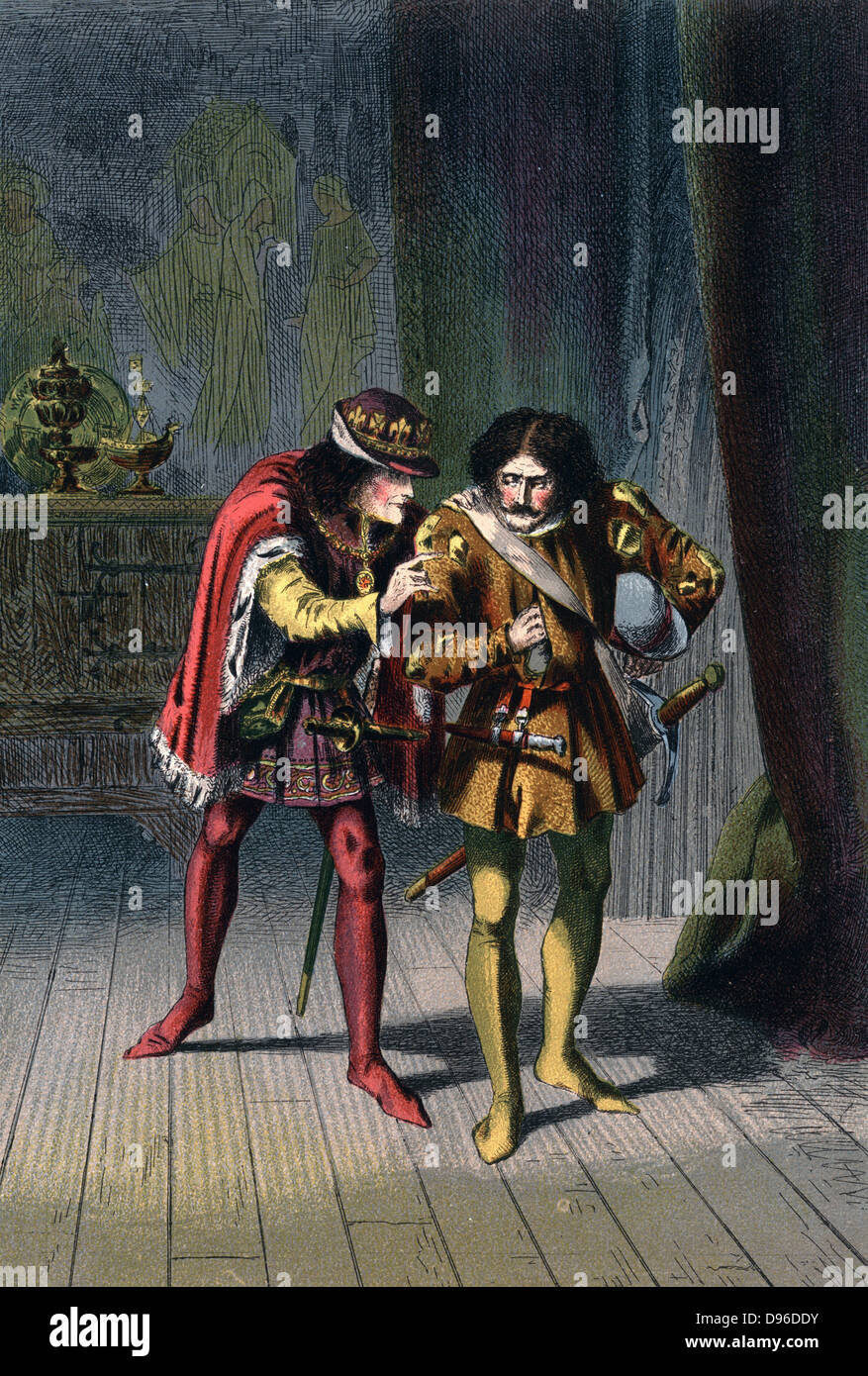 Richard III (1452-1485) Roi d'Angleterre à partir de 1483, Sir James Tyrrell donne l'ordre de tuer le fils d'Édouard IV (Edward V et le duc d'York), les Princes de la tour, avec l'incitation '…dire que c'est fait, et je vous aime et toi, et toi aussi." préfèrent Illustration par Robert Dudley pour Shakespeare Richard III Act IV. Sc.II publié c.1858. Chromolithographie Banque D'Images