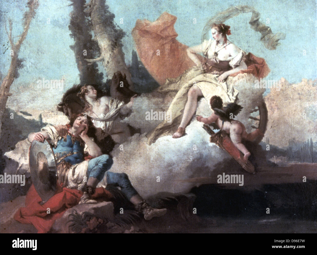 Rinaldo enchanté par Armida', 1742. Giovanni Battista Tiepelo (1696-1770) artiste italien. Le héros Rinaldo tombe sous la charme de la belle sorcière Armida et déchets son temps en plaisir voluptueux. Banque D'Images Rinaldo enchanté par Armida', 1742. Giovanni Battista Tiepelo (1696-1770) artiste italien. Le héros Rinaldo tombe sous la charme de la belle sorcière Armida et déchets son temps en plaisir voluptueux. Banque D'Images