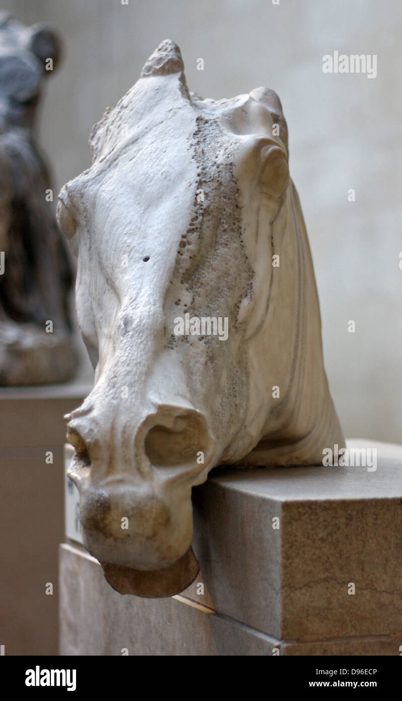 Statue d'une tête de cheval le char de la déesse de la lune Séléné. Acropole, Athènes, 438-432 BC. Du fronton est du Parthénon. Il montre le cheval fatigué de sa longue nuit de travail. Banque D'Images