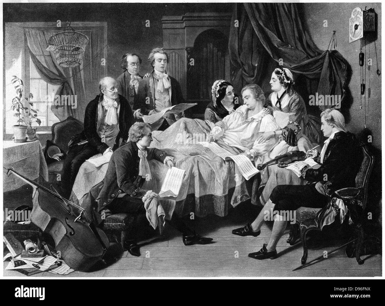 La mort de Mozart 1791' (fin du 19e siècle). Wolfgang Amadeus Mozart  (1756-1791), compositeur autrichien sur son lit de mort entouré de sa femme  et de ses amis. Les feuilles de musique