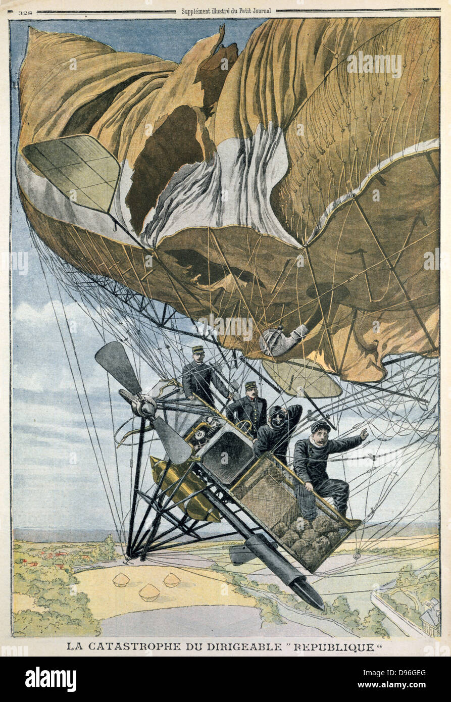 Dirigeable militaire française La République qui a fait son premier vol de Paris à Compiègne. S'est écrasé sur l'hélice manoeuvres tore enveloppe, octobre 1909. À partir de 'Le Petit Journal' 10 octobre, Paris, 1909 Banque D'Images