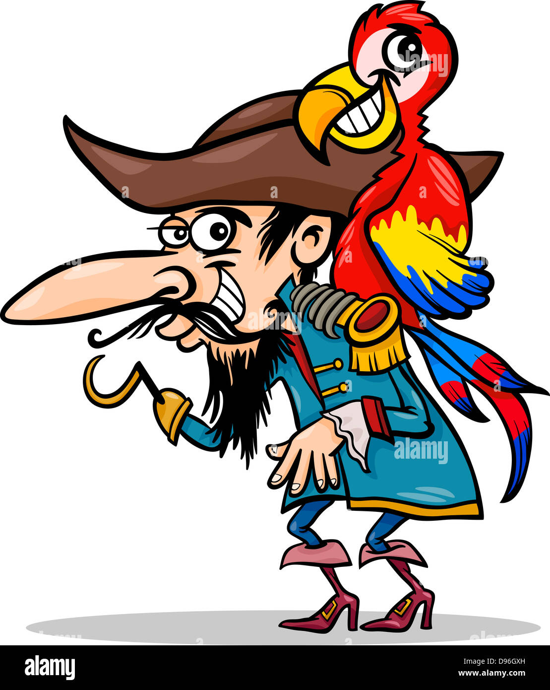 Cartoon Illustration de Funny Pirate ou Corsair avec crochet et Parrot Banque D'Images
