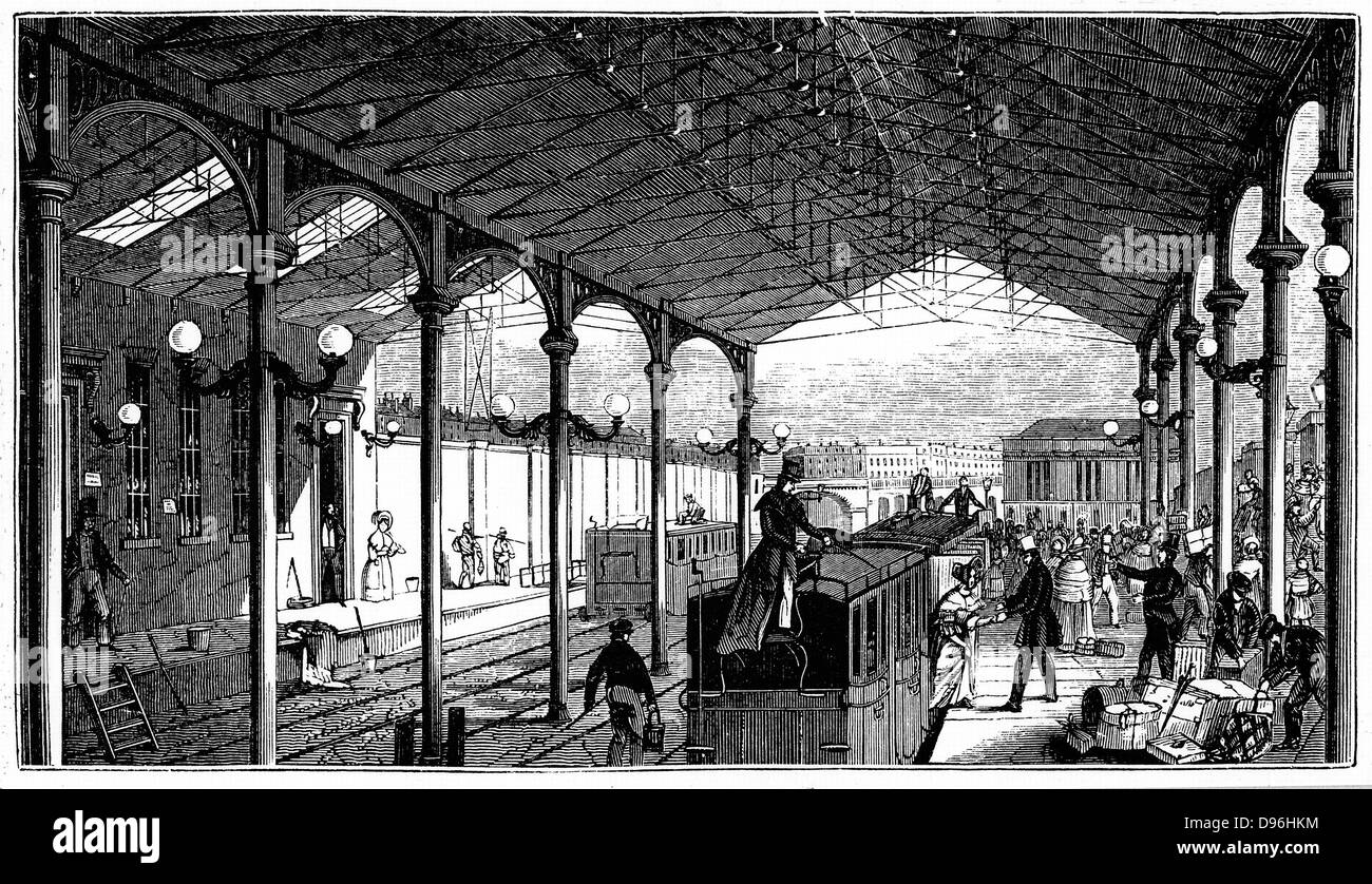 La gare de Euston, Londres terminus du chemin de fer de Londres et Birmingham : homme femme accueille tout passager bagages sur toit est non liée. Ingénieur : Robert Stephenson. À partir de 'Londres et Birmingham Railway Guide' de Londres. 1840. Piliers de fer et bois Banque D'Images