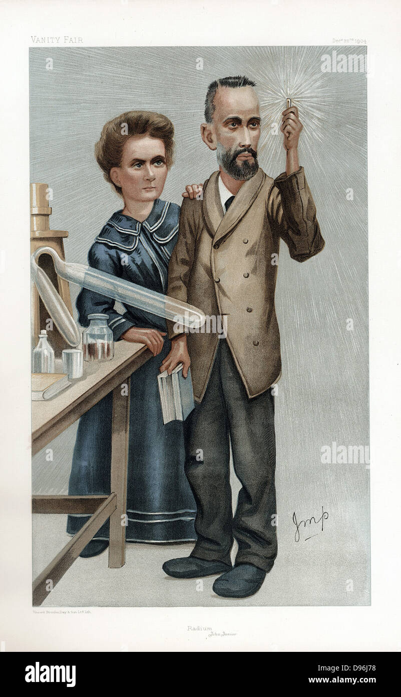 Pierre et Marie Curie. Caricature de 'Vanity Fair', Londres, décembre 1904. En 1903 curies partage le prix Nobel de physique avec Henri Becquerel pour travaux sur la radioactivité. Banque D'Images