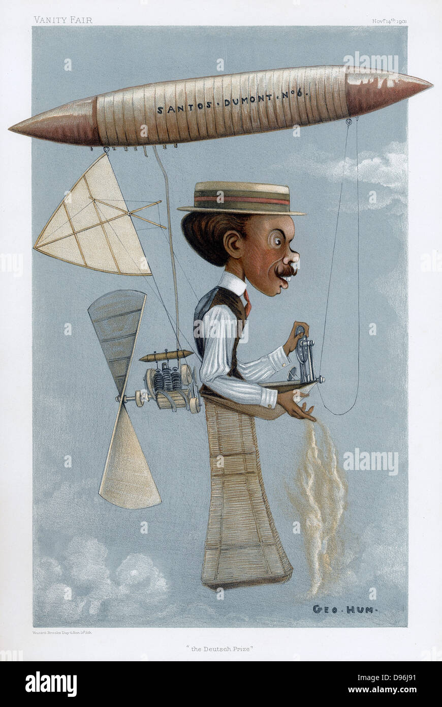 Alberto Santos-Dumont (1873-1932) Pionnier de l'aviation brésilienne. Ici dans son dirigeable dirigeable) n° 6 (dans lequel il a remporté le prix Deutsch en 1901. Caricature de 'Vanity Fair', Londres, 14 novembre 1901. Banque D'Images