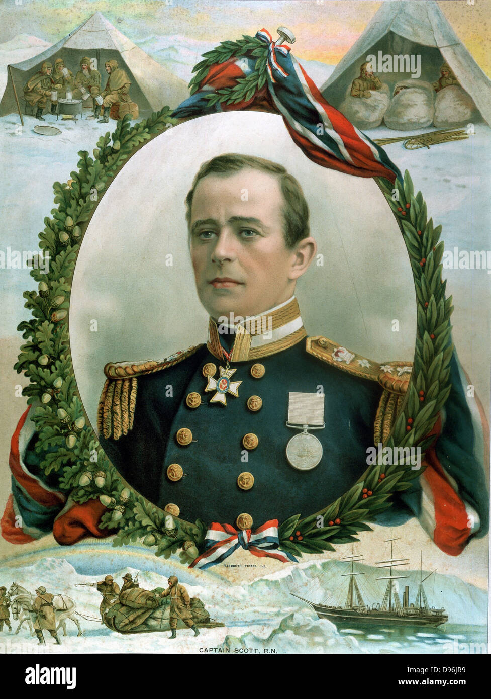 Robert Falcon Scott (1868-1912) explorateur britannique de l'Antarctique. Portrait entouré de vignettes de l'expédition fatale à pôle sud. Bot : 'Terra Nova' leur navire : avec des chiens et des luges : Top : manger dans des tentes sur la glace : dans les sacs de couchage. Commerce de calendrier pour 1914. Lithographie Banque D'Images