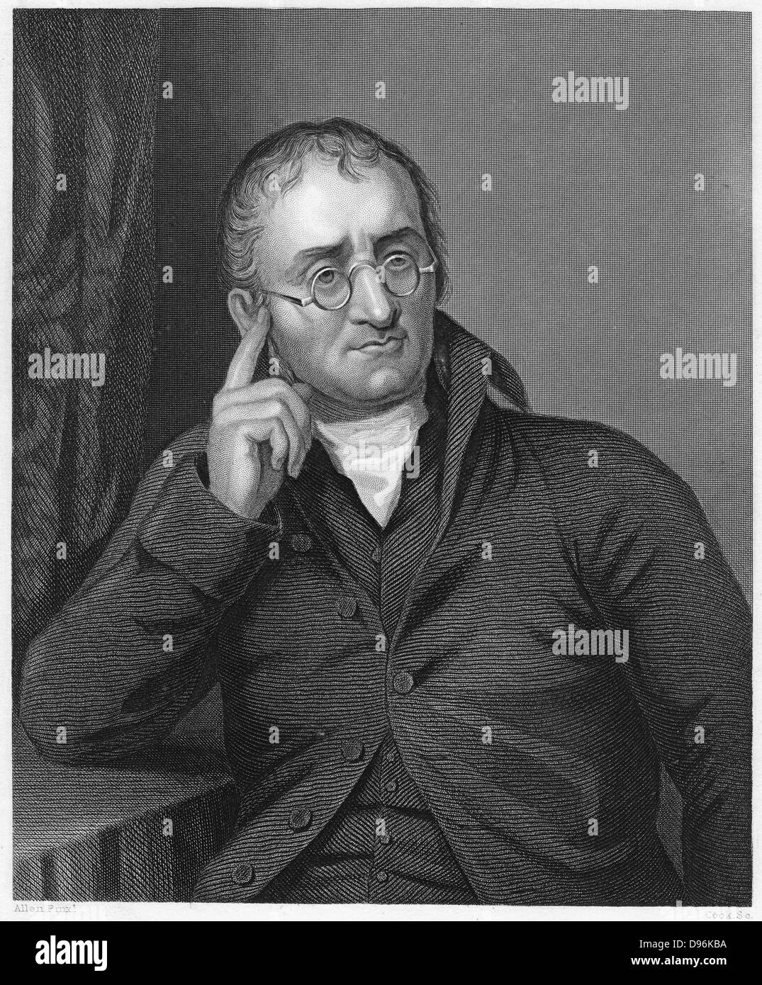 John Dalton (1766-1844) chimiste anglais et maître. Décrit l'achromatopsie (daltonisme) à partir de laquelle lui et son frère ont souffert. La gravure. Banque D'Images