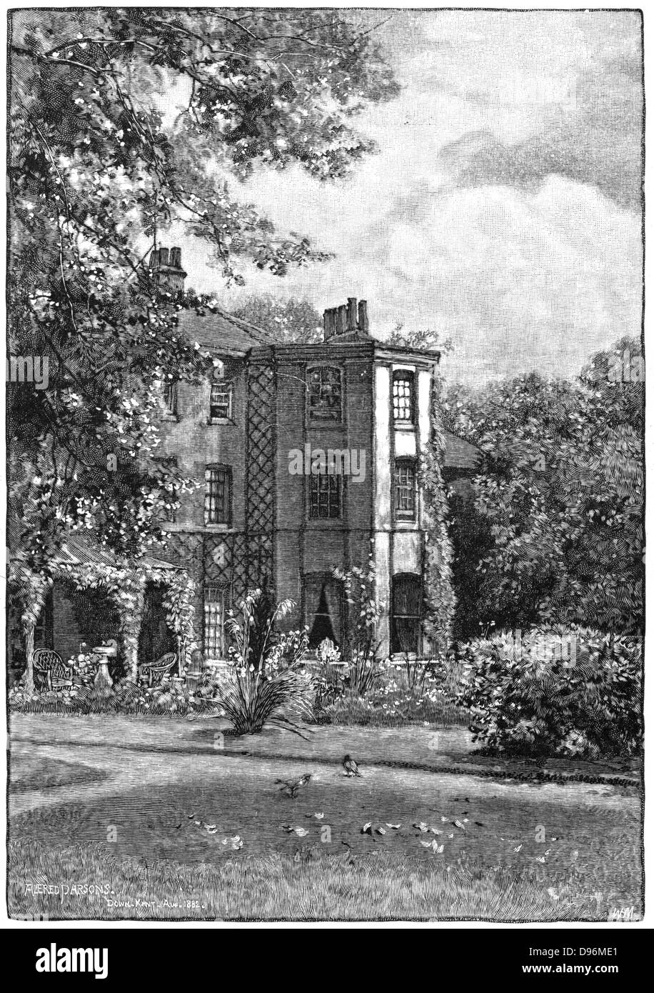 Down House, près de Beckenham, Kent, du jardin. Accueil de Charles Darwin (1809-1882), naturaliste anglais. L'évolution par sélection naturelle. Gravure 1882. Banque D'Images
