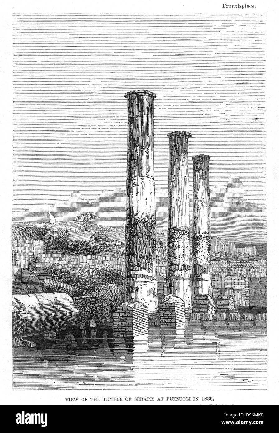 Frontispice de la neuvième édition de Charles Lyell "Principes de Géologie", Londres, 1853, montrant le temple de Sérapis à Puzzuoli en 1836 et comment il avait disparu lentement, appuyant ainsi la théorie de géologie Uniformitarienne Banque D'Images