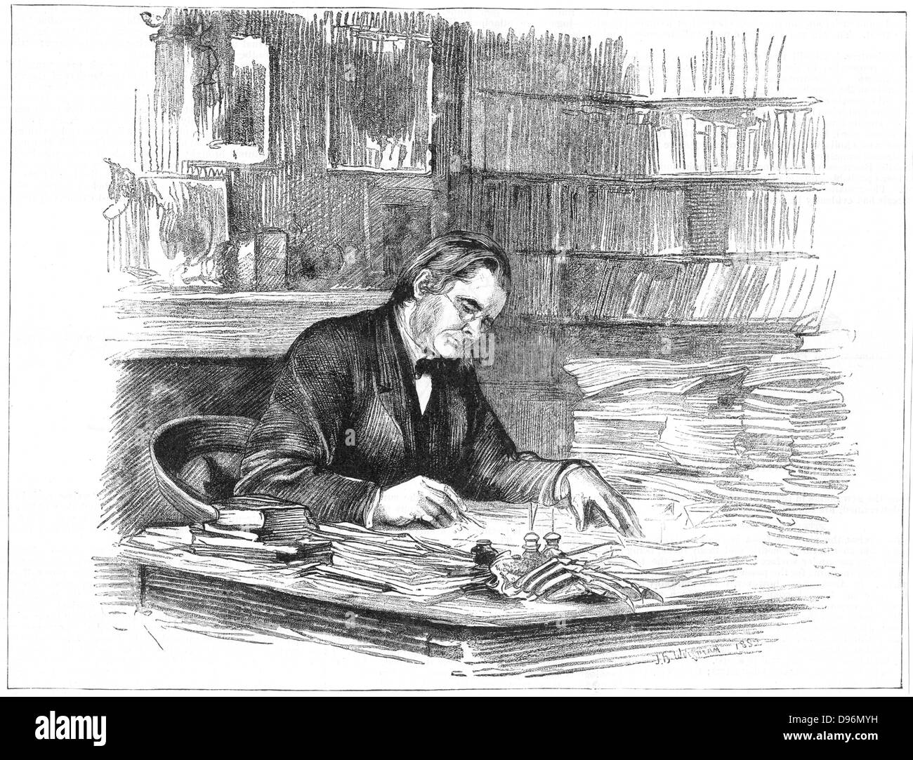Thomas Henry Huxley (1825-1895), biologiste britannique à son bureau en 1882 lorsque le président de la Royal Society. À partir de 'Scientific American', New York, 1er septembre 1883. Gravure Banque D'Images