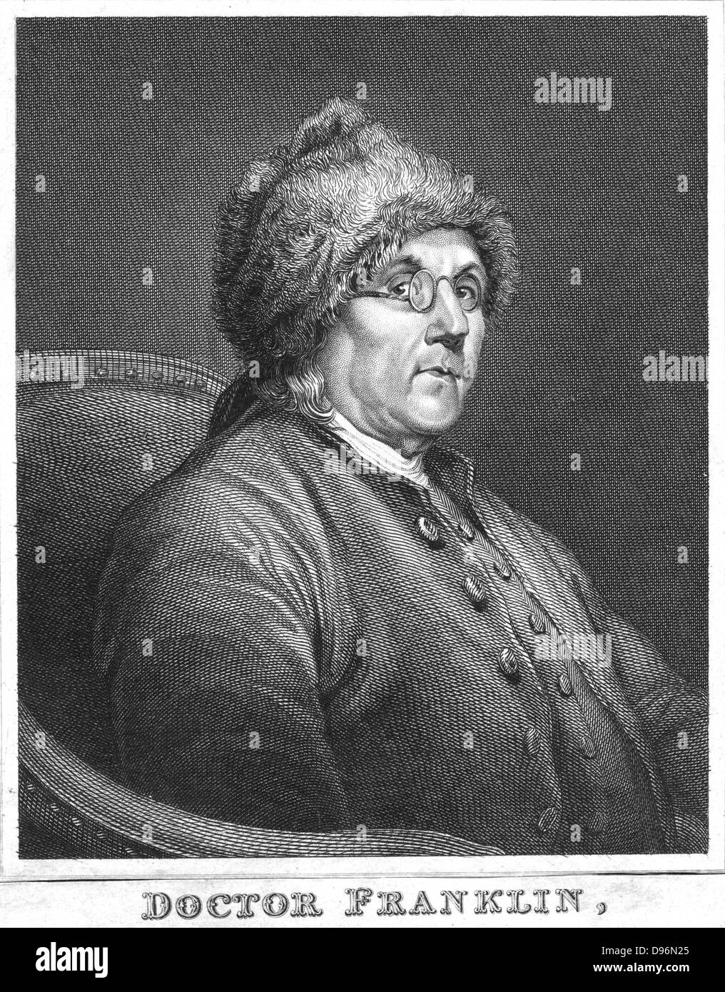Benjamin Franklin (1706-1790) savant américain et homme d'État. Le port de lunettes bifocales qui il a inventé en 1775. Gravure Banque D'Images