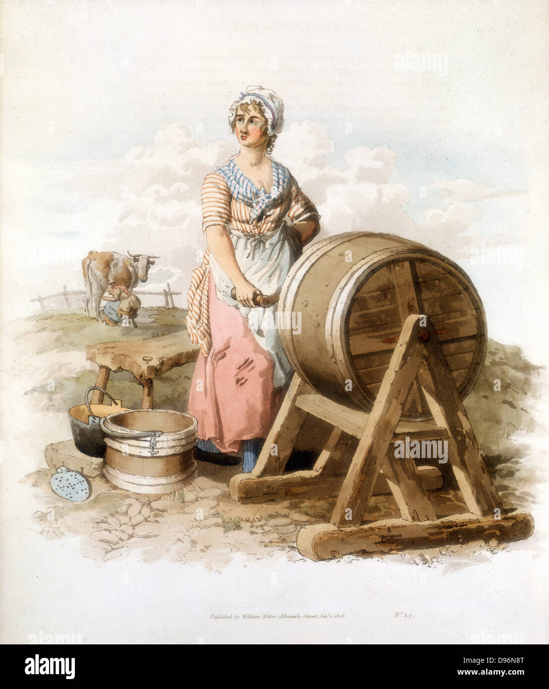 Les femmes qui effectuent le beurre. Baratte en bois, un seau, de forme, etc. à partir de William Henry Pyne 'Costume de Grande-bretagne", Londres 1808. Color Banque D'Images