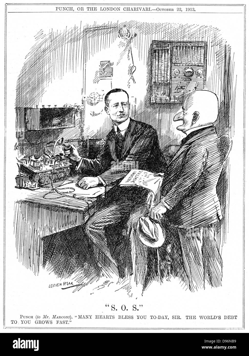 Mr Punch remerciant pour la télégraphie sans fil Marconi qui était de sauver des vies en mer. Caricature d'un Raven-Hill Leonard 'Punch', Londres, 22 Octobre 1913 Banque D'Images