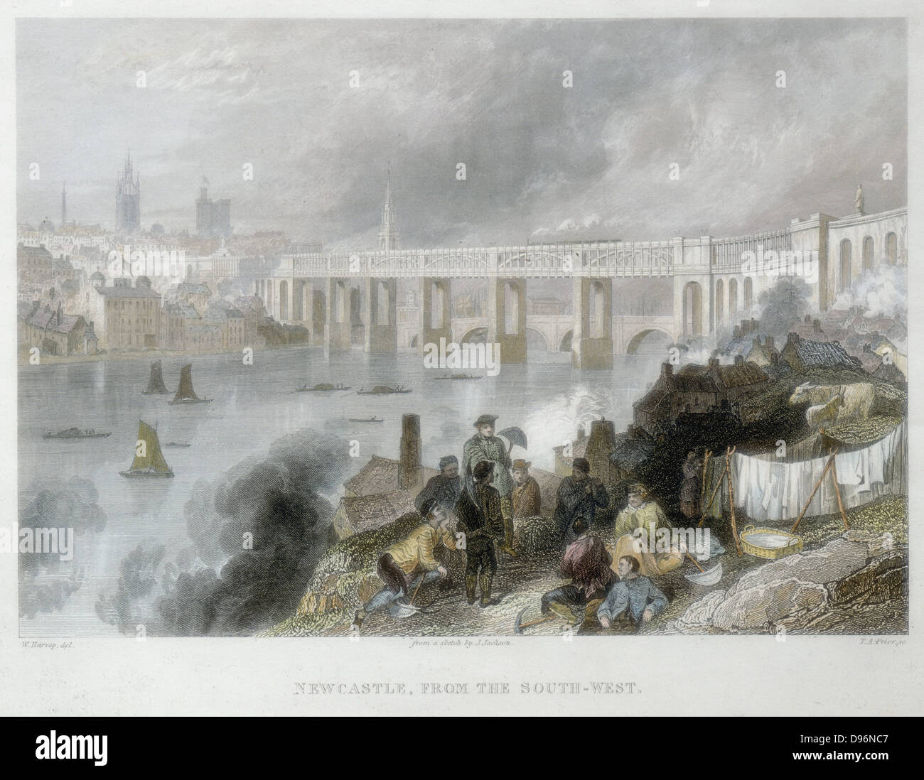 High Level Bridge sur Tyne à Newcastle. Constructeur : Robert Stephenson 1803-1859. Corde : poutre. Premier train de voyageurs ont traversé le 15 août 1849. Après gravure dessin de William Harvey (1796-1866). Banque D'Images