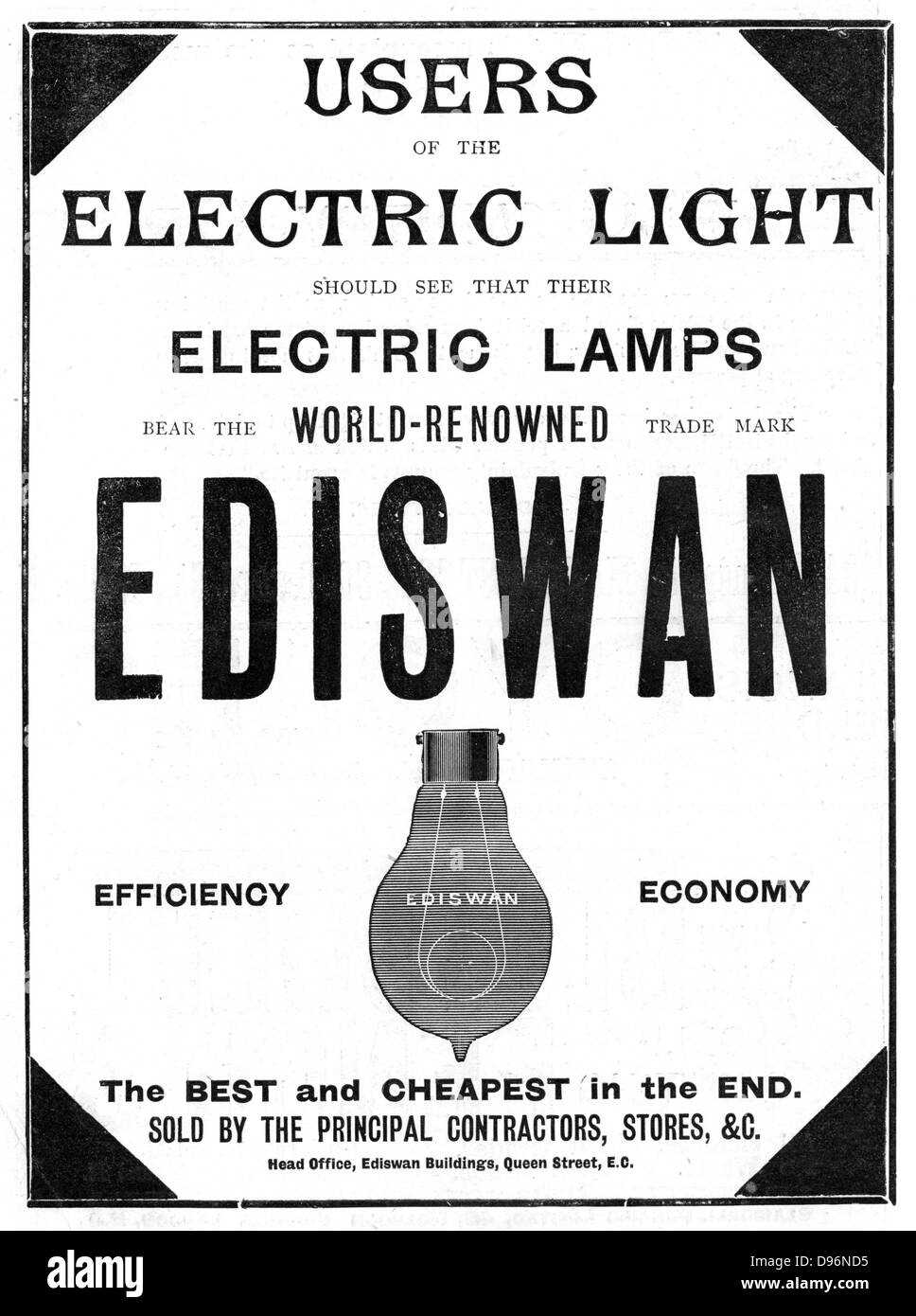 Publicité pour Ediswan les ampoules à incandescence, 1898. L'Ediswan marque a été le résultat d'une fusion des intérêts des deux pionniers de l'ampoules électriques, l'Américain Thomas Alva Edison (1847-1931) et l'Anglais Joseph Wilson Swan (1828-1914). À partir de 'l'Illustration', (Londres, 8 avril 1898). Gravure Banque D'Images