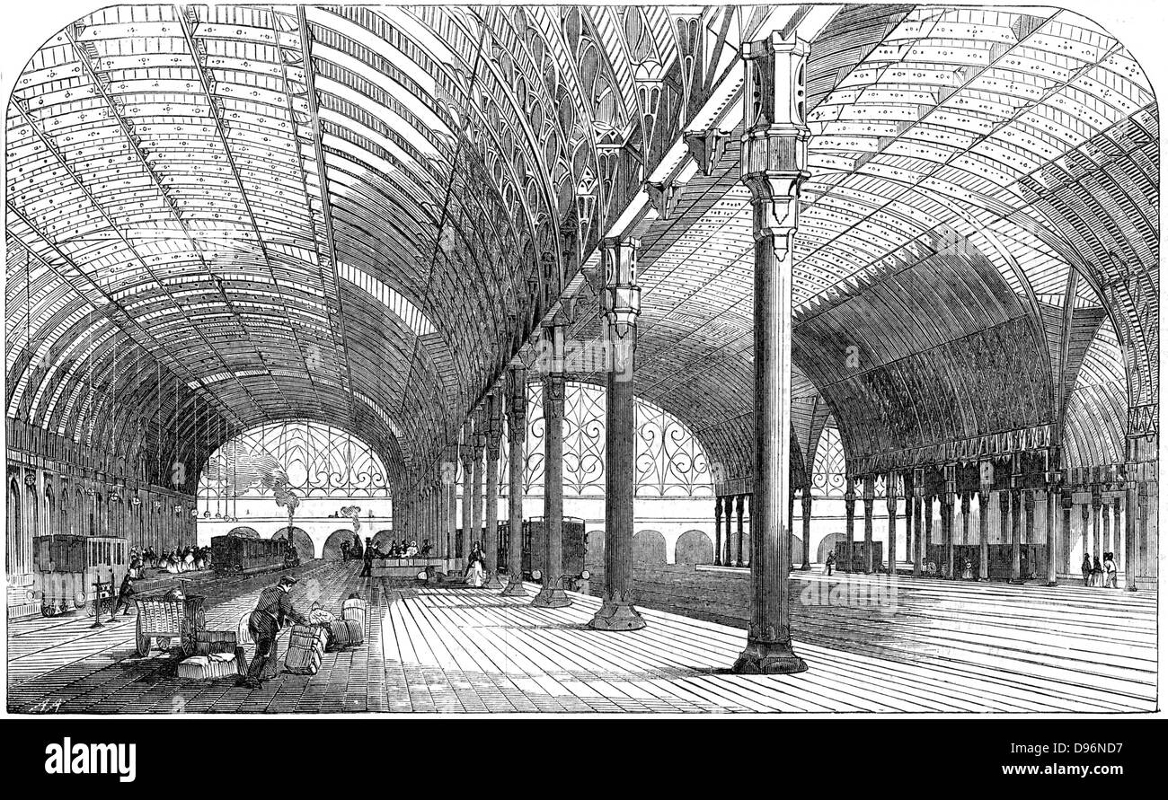La gare de Paddington, Londres le terminus de la Great Western Railway, 1854. Le fer a été utilisée pour la construction de la toiture, et les travées supportées sur piliers en fonte. Le bâtiment a été l'œuvre commune d'Isambard Kingdom Brunel (1806-1859) et Matthew Digby Wyatt (1820-1877). À partir de 'l'Illustrated London News', (Londres, 8 juillet 1854). La gravure sur bois. Banque D'Images